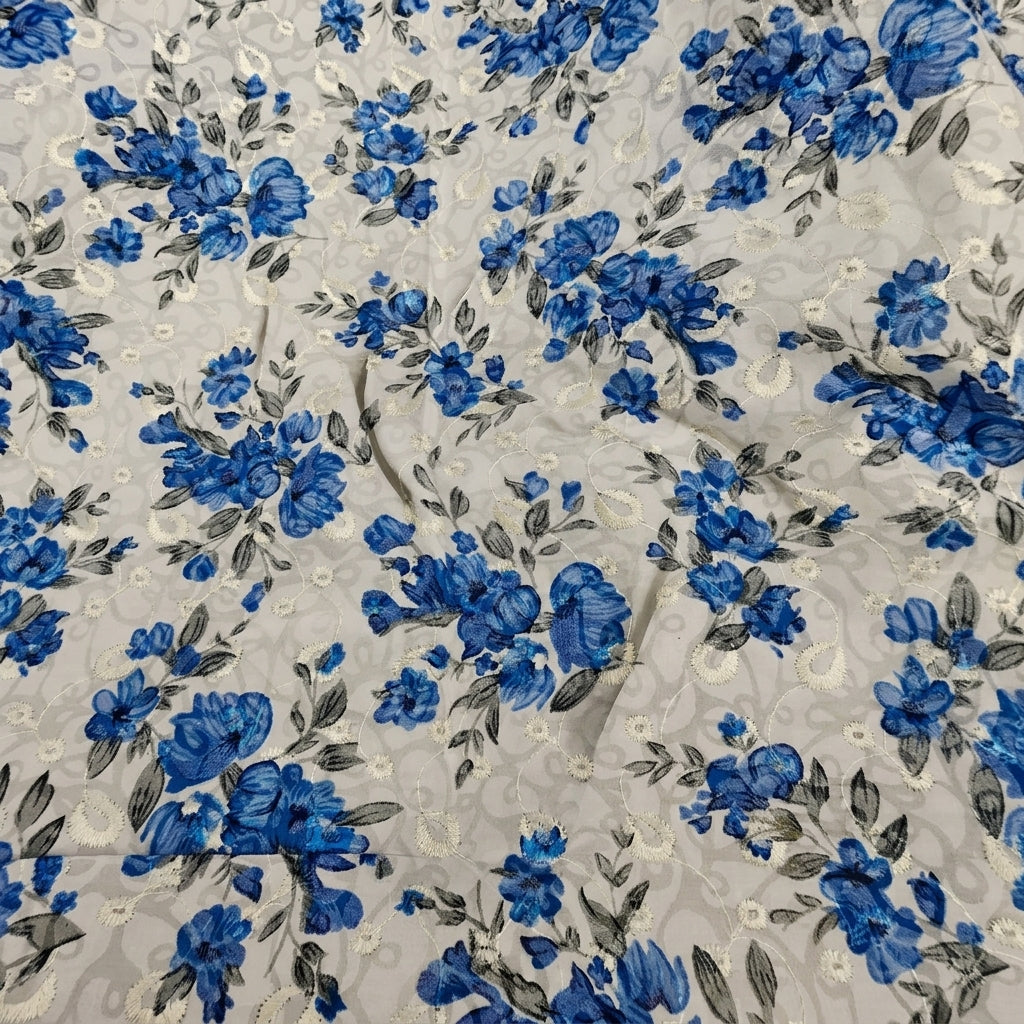 Swirled Cream Embroidery Cotton Fabric Showing Floral and Drape
