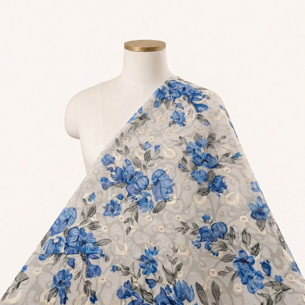 Cream Embroidery Cotton Fabric Draped as a saree
