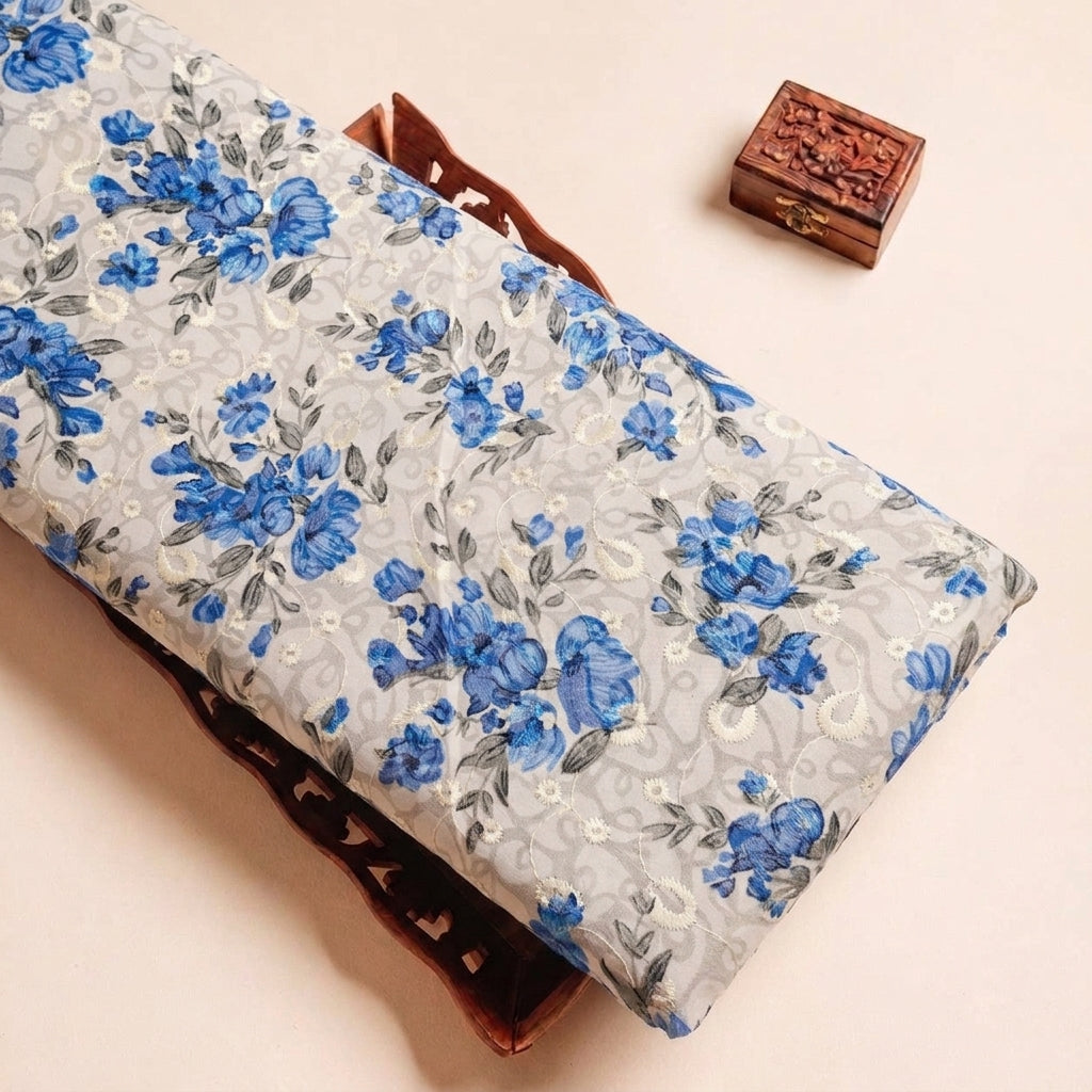 Blue Cream Embroidery Cotton Fabric, folded