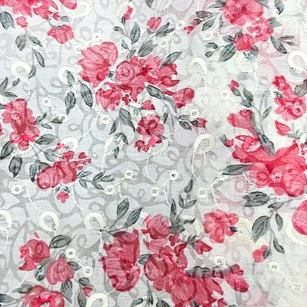 Red Cream Embroidery Cotton Fabric, laid flat