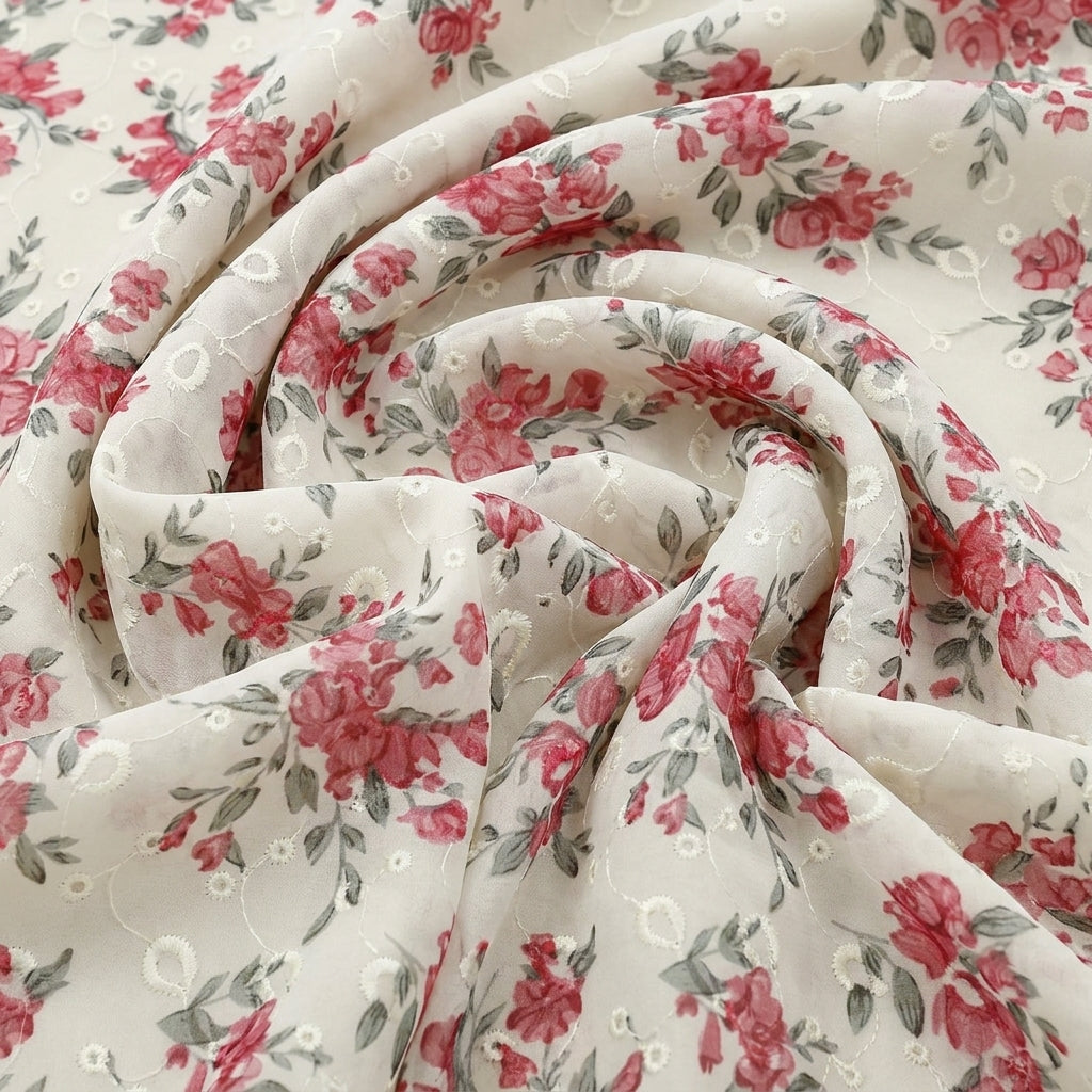 Swirled Cream Embroidery Cotton Fabric Showing Floral and Drape