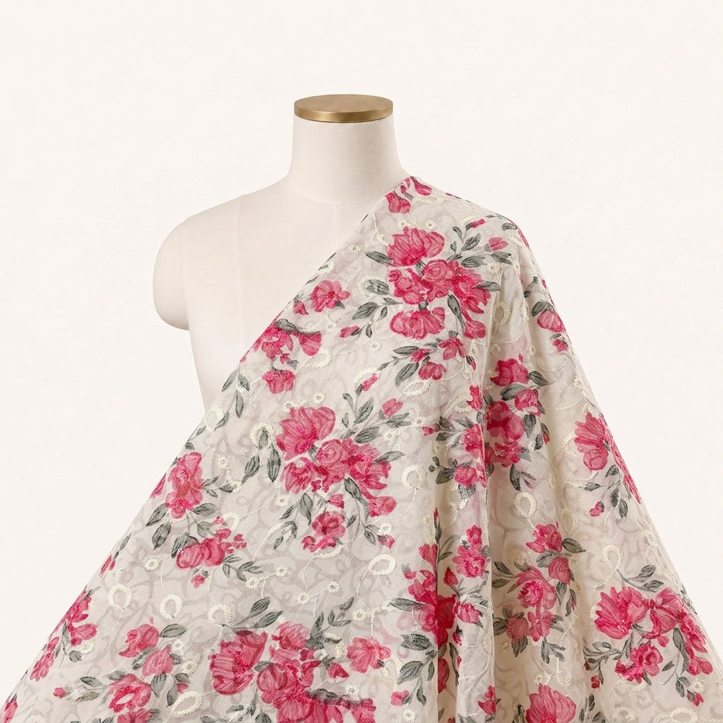 Cream Embroidery Cotton Fabric Draped as a saree