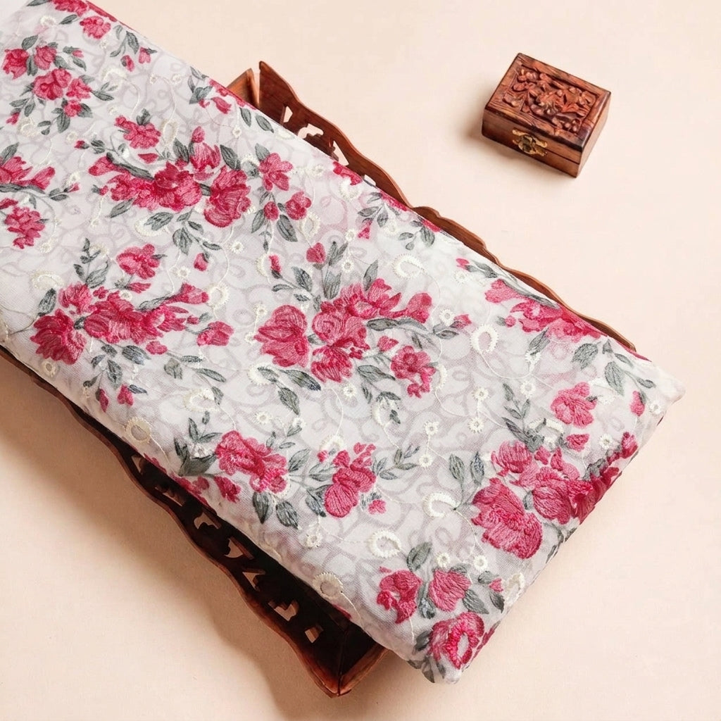 Red Cream Embroidery Cotton Fabric, folded