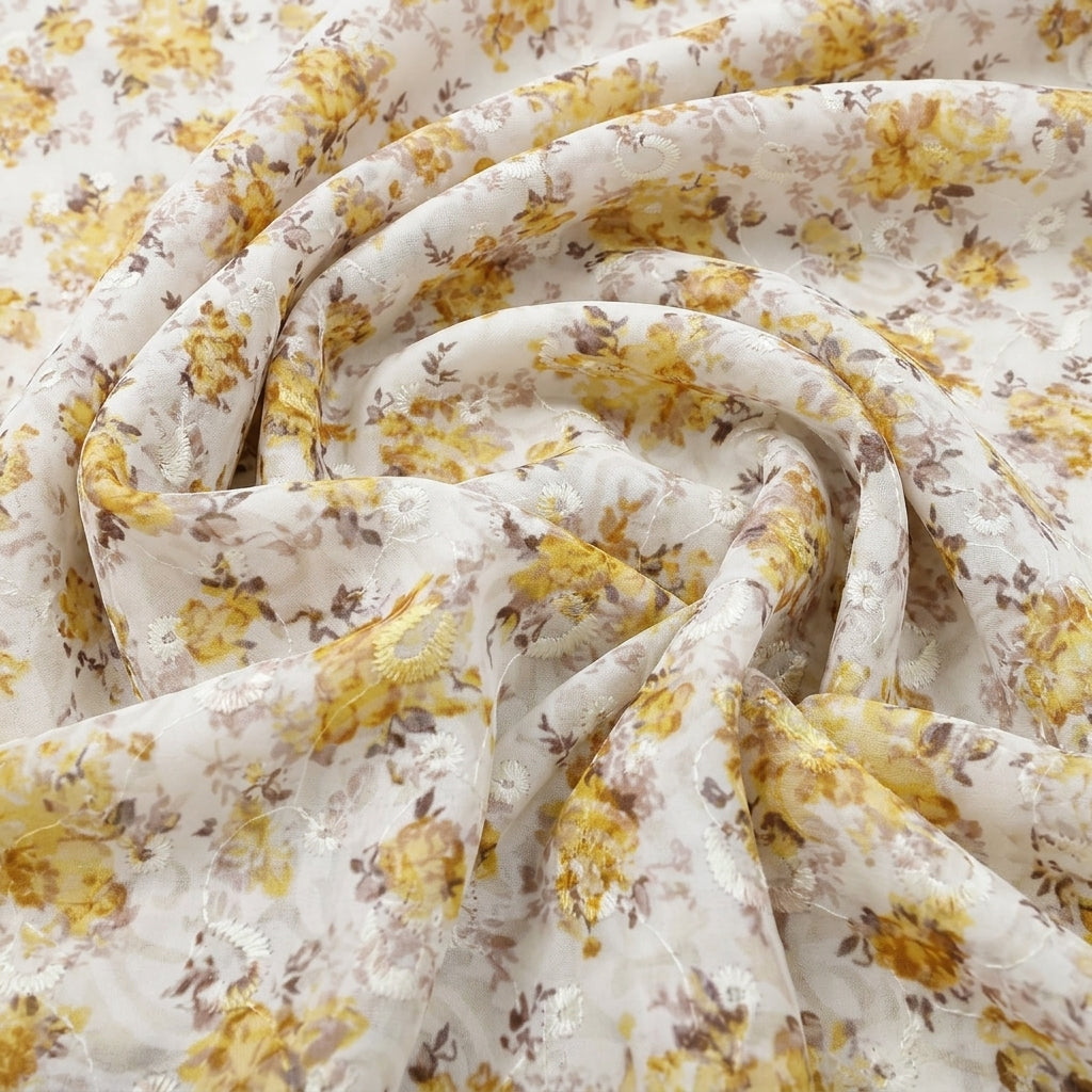 Swirled Cream Embroidery Cotton Fabric Showing Floral and Drape