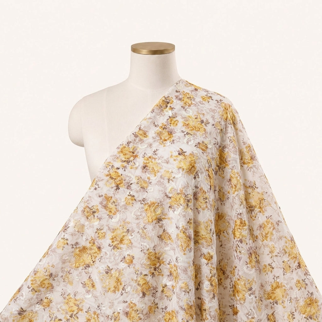 Cream Embroidery Cotton Fabric Draped as a saree