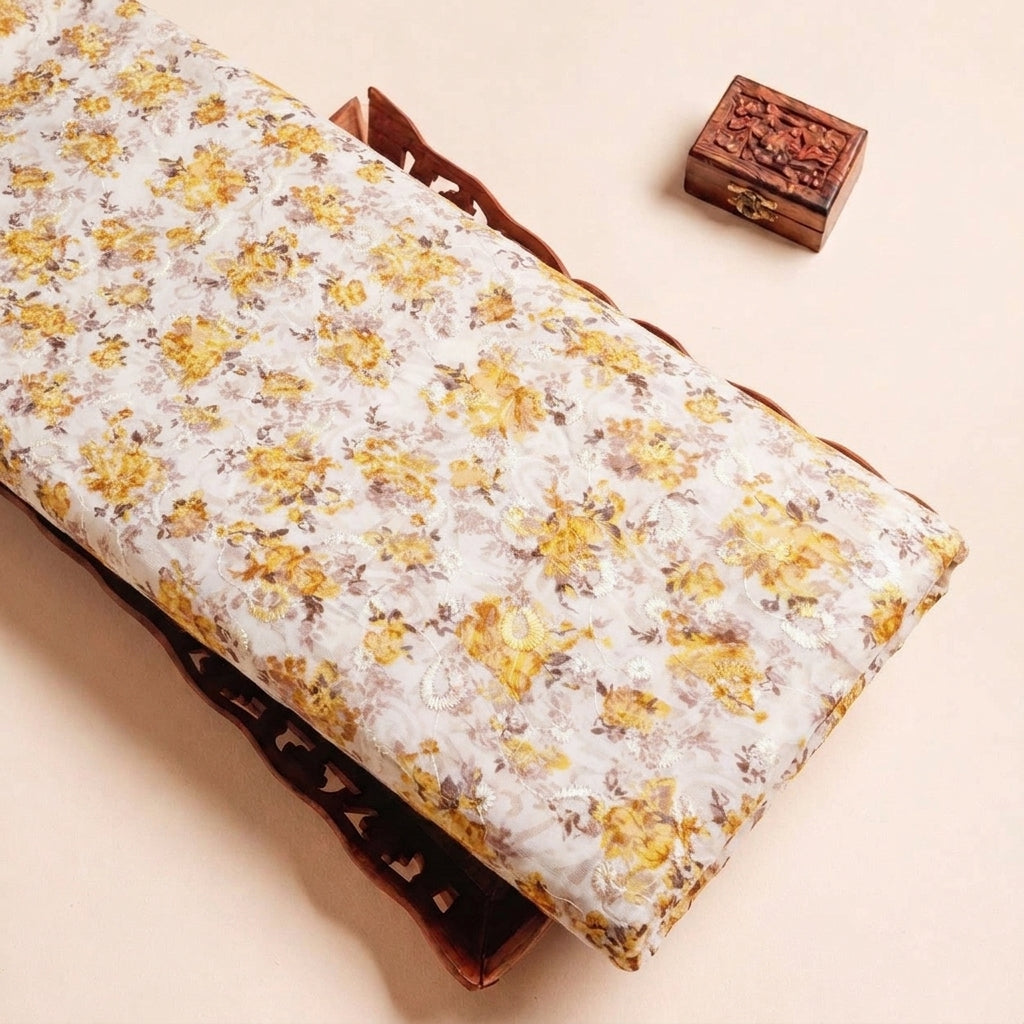 Folded Cream Embroidery Cotton Fabric Highlighting Floral and Texture
