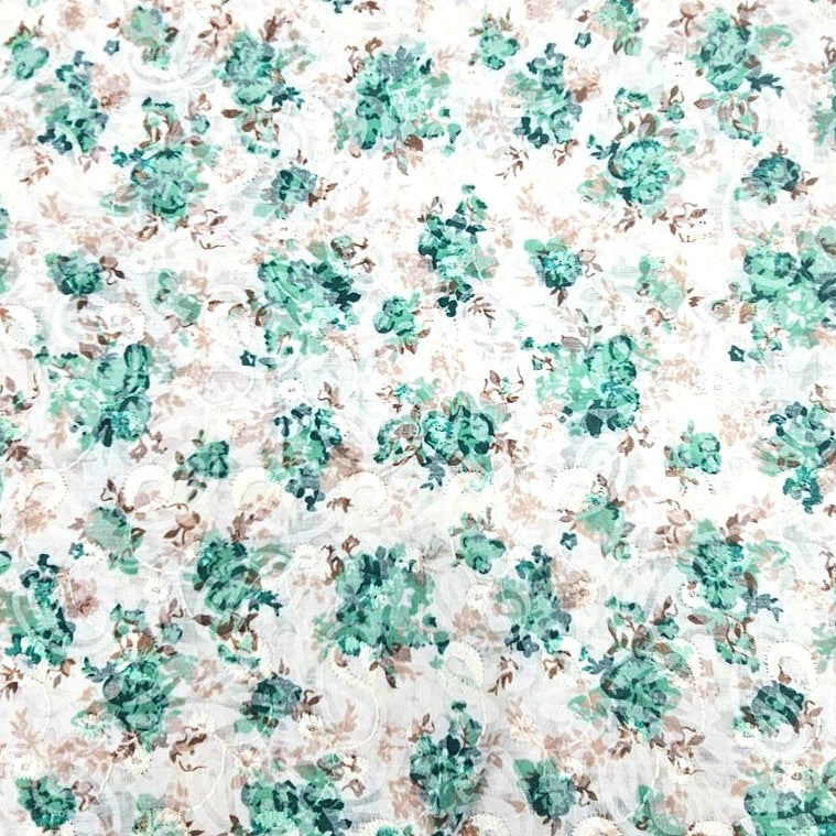 Dark Green Cream Embroidery Cotton Fabric, laid flat