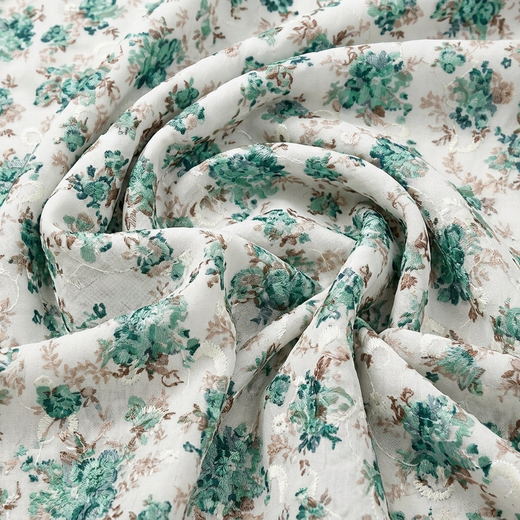 Swirled Cream Embroidery Cotton Fabric Showing Floral and Drape