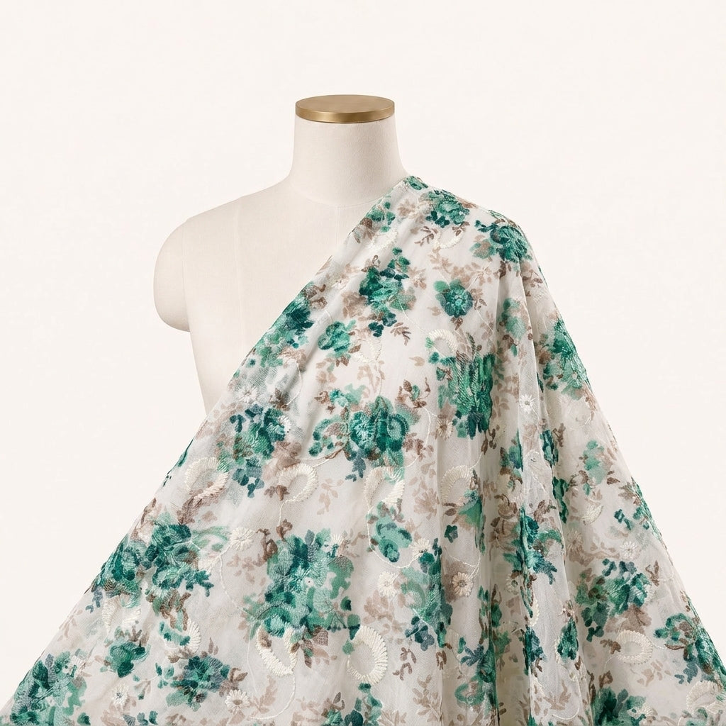 Cream Embroidery Cotton Fabric Draped as a saree