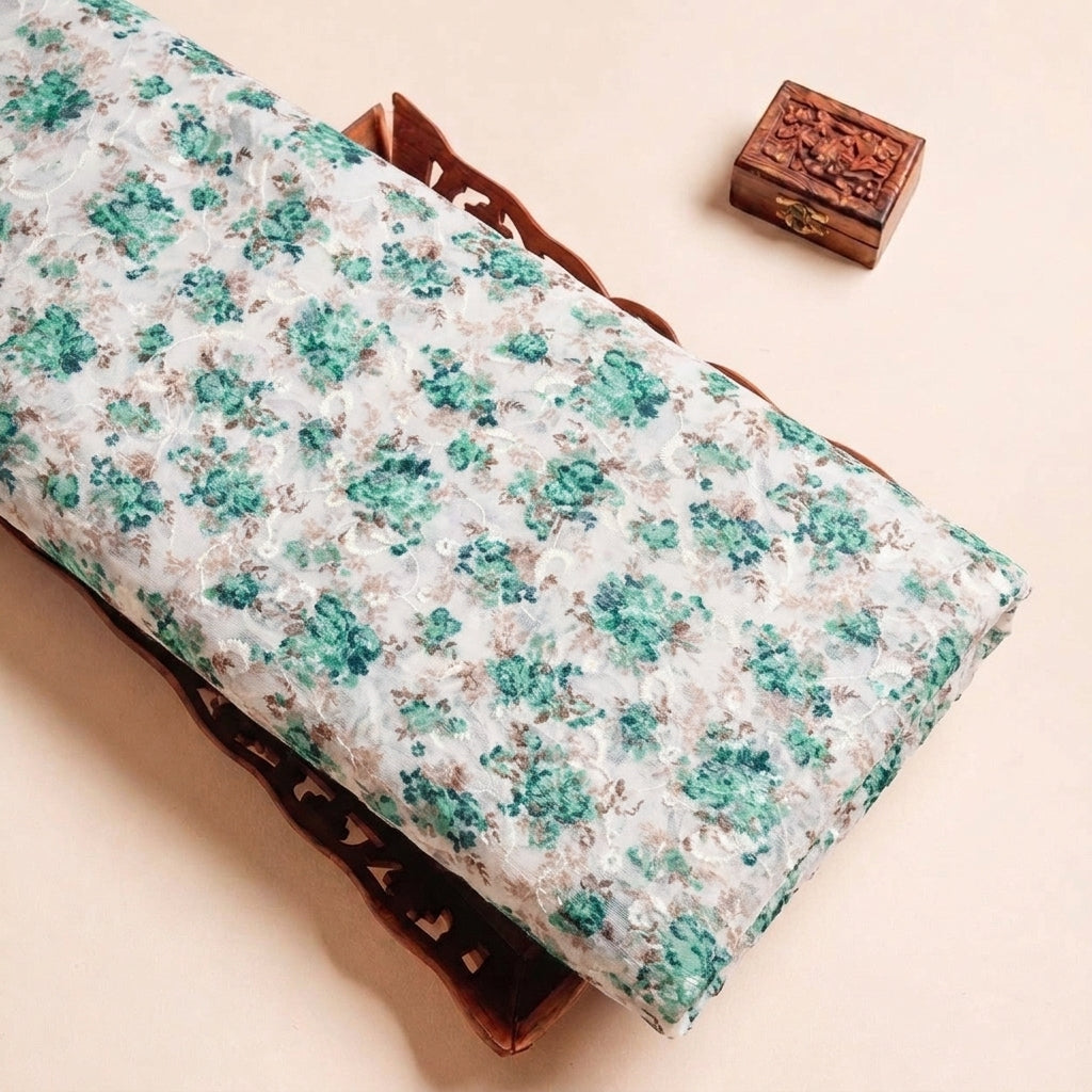 Folded Cream Embroidery Cotton Fabric Highlighting Floral and Texture