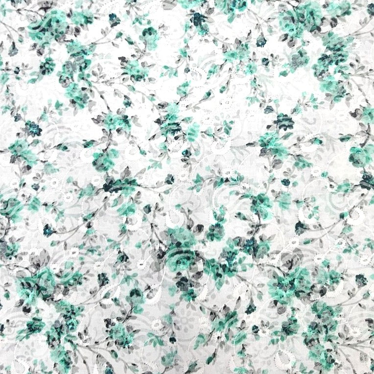Green Cream Embroidery Cotton Fabric, laid flat