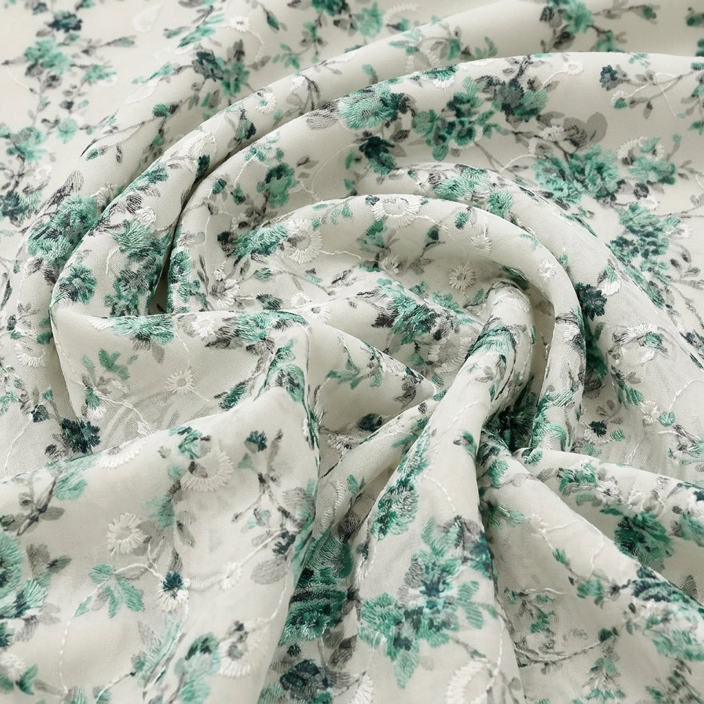 Swirled Cream Embroidery Cotton Fabric Showing Floral and Drape