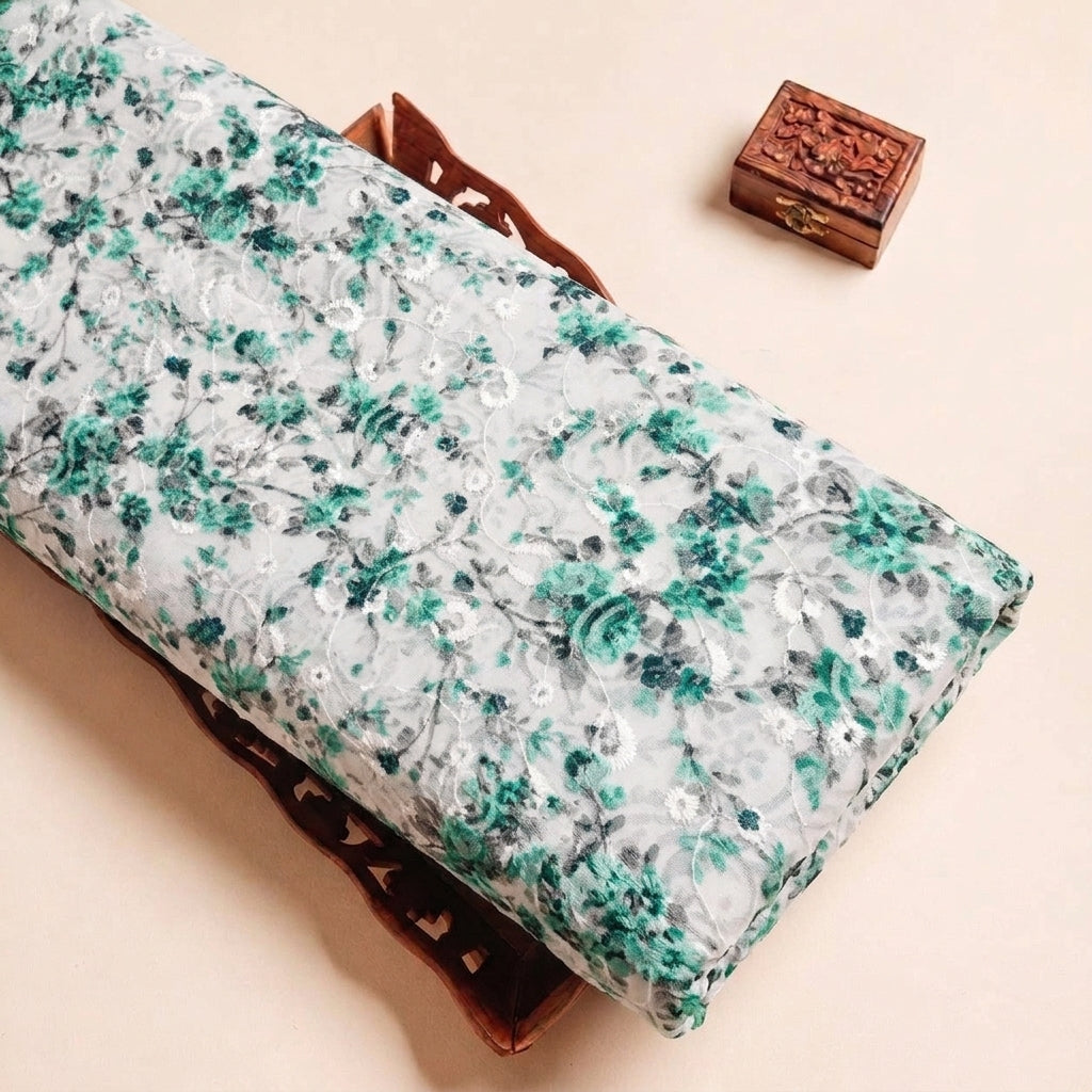 Folded Cream Embroidery Cotton Fabric Highlighting Floral and Texture