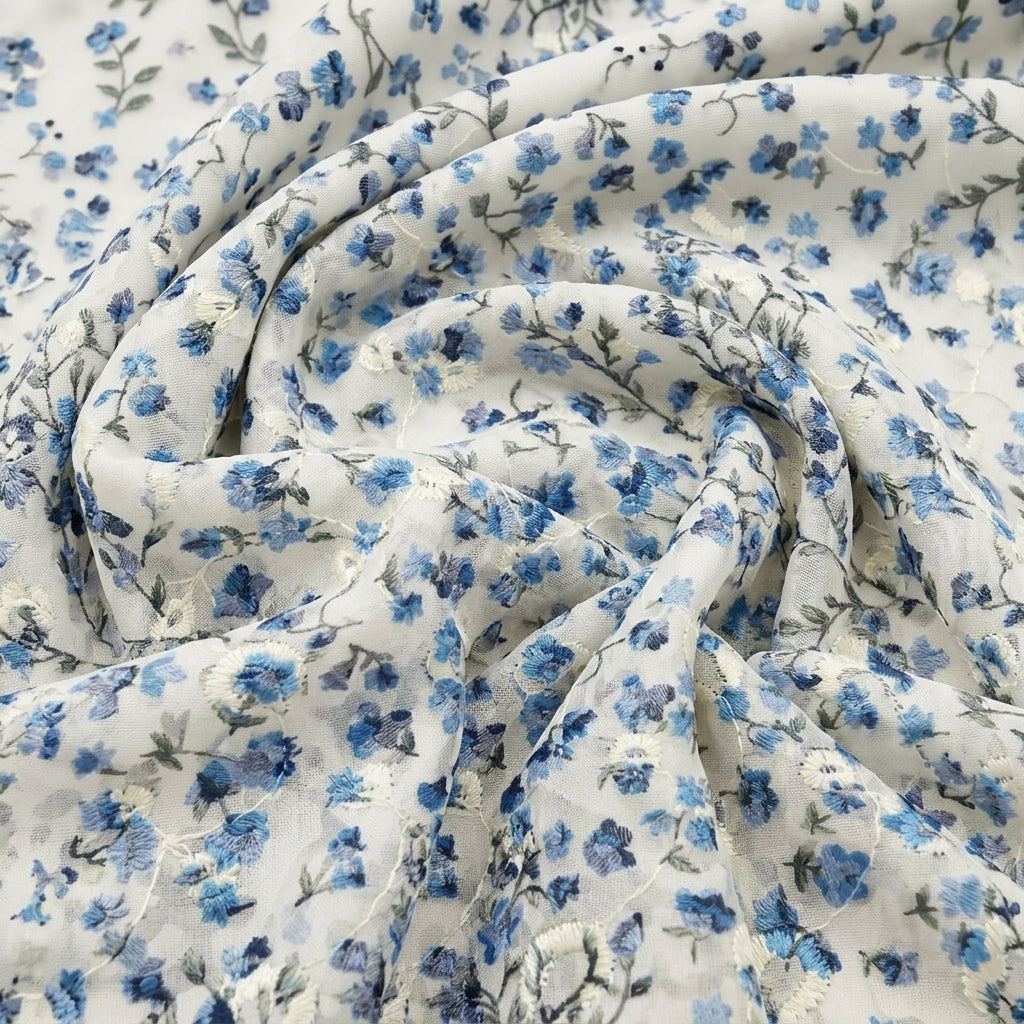 Swirled Cream Embroidery Cotton Fabric Showing Floral and Drape