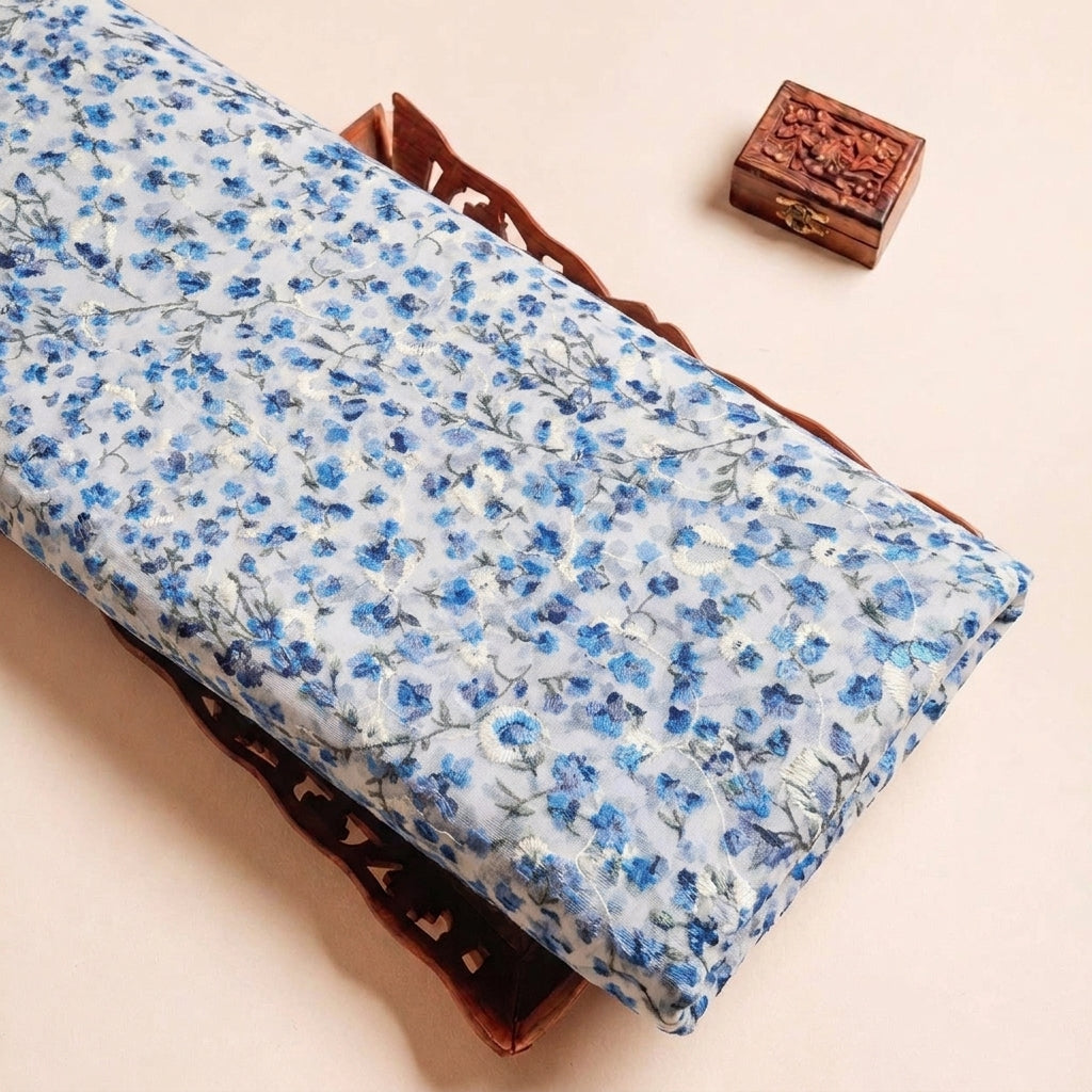 Folded Cream Embroidery Cotton Fabric Highlighting Floral and Texture