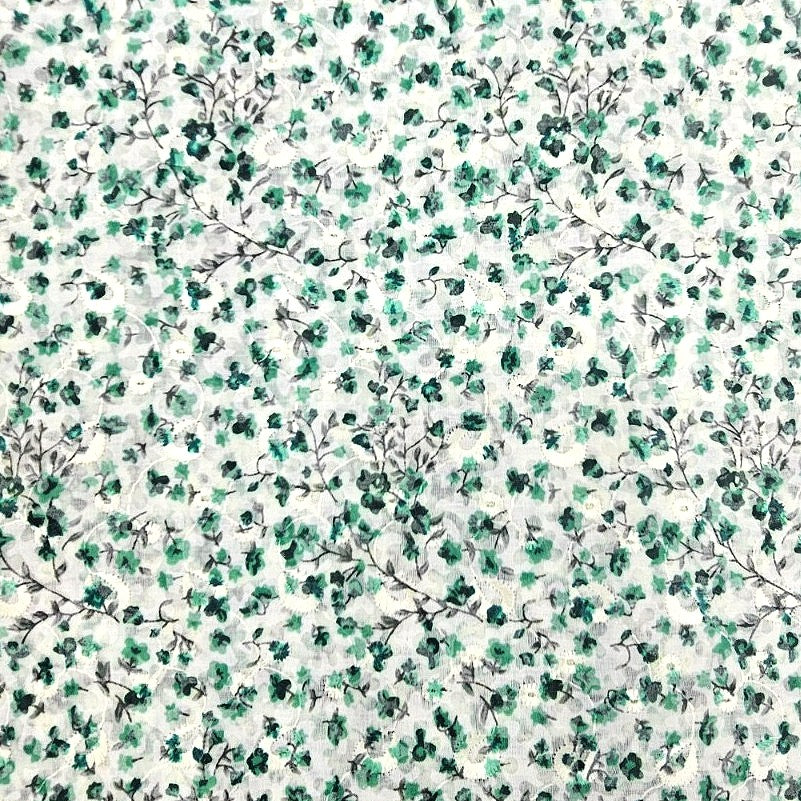 Green Cream Embroidery Cotton Fabric, laid flat