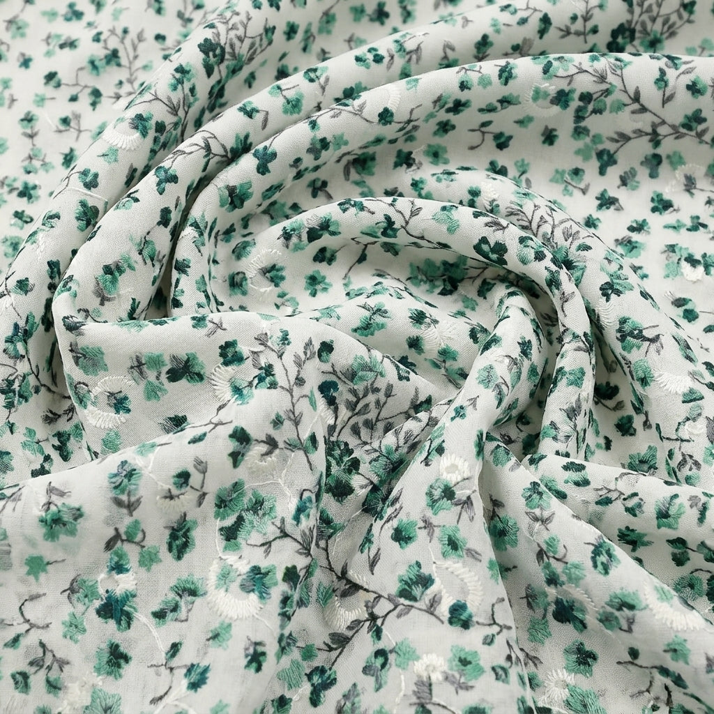 Swirled Cream Embroidery Cotton Fabric Showing Floral and Drape