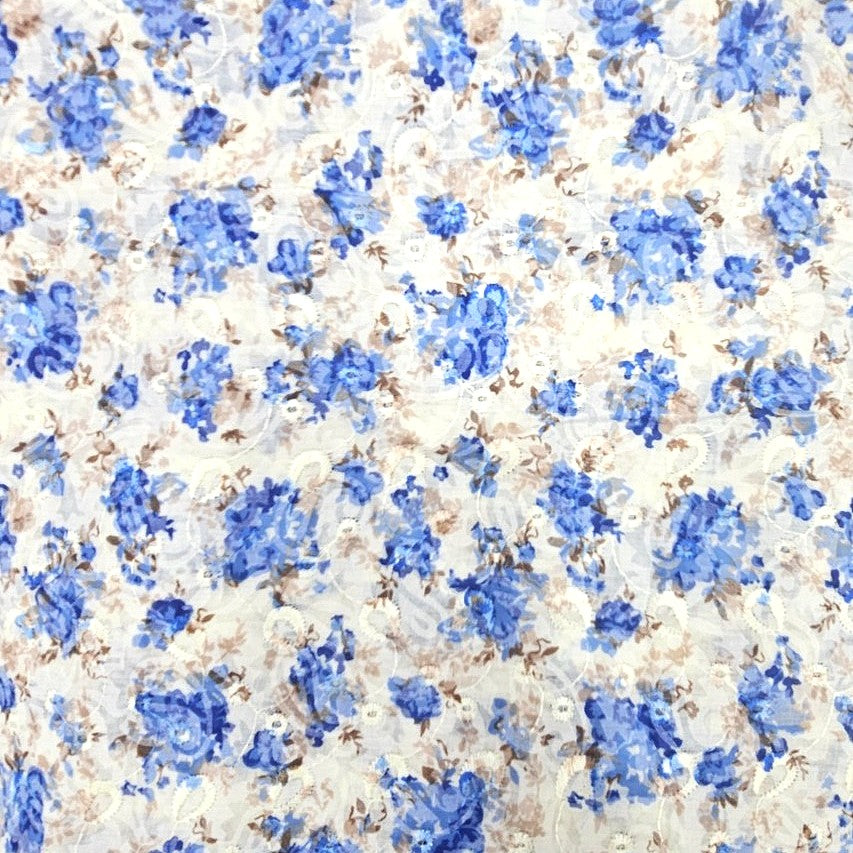 Blue Cream Embroidery Cotton Fabric, laid flat