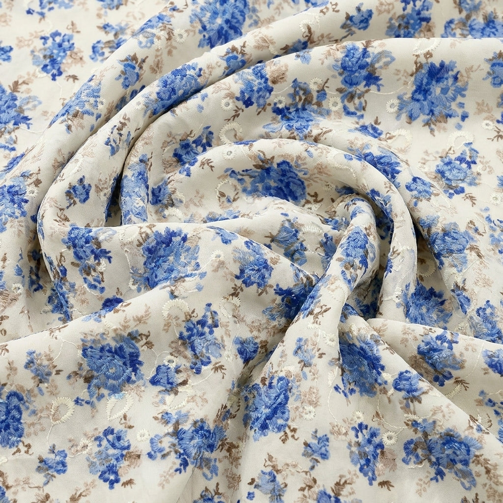 Swirled Cream Embroidery Cotton Fabric Showing Floral and Drape
