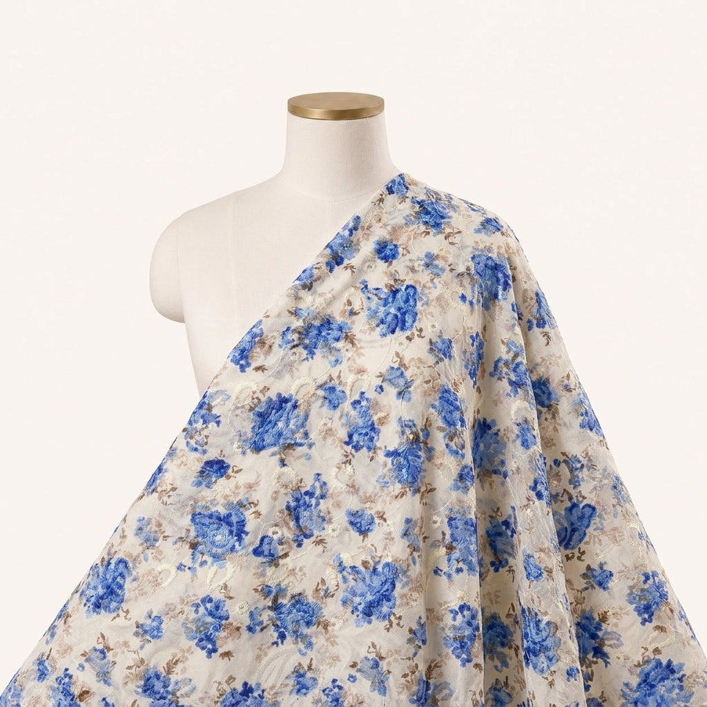 Cream Embroidery Cotton Fabric Draped as a saree