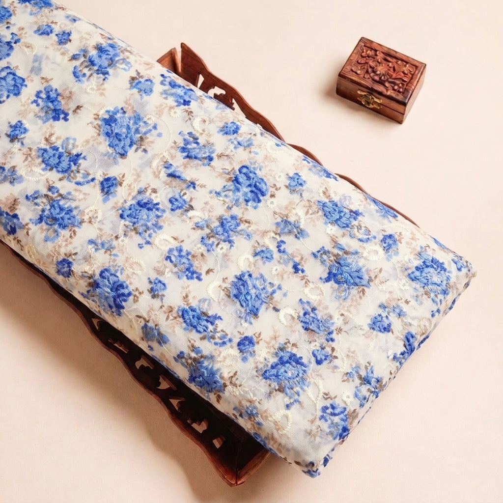 Folded Cream Embroidery Cotton Fabric Highlighting Floral and Texture