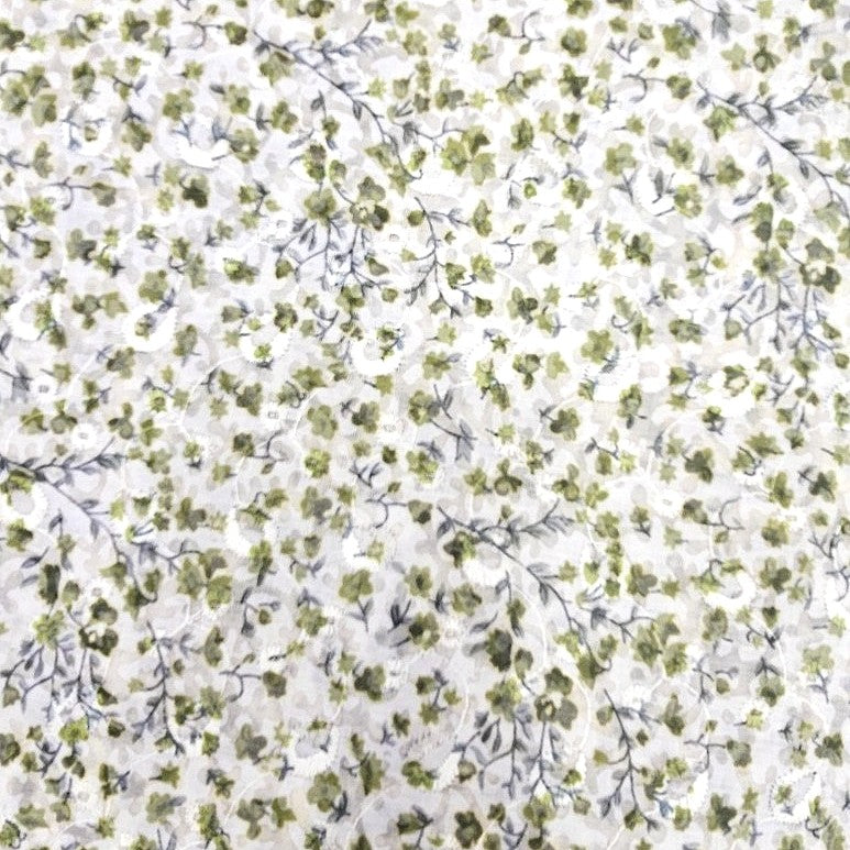 Green Cream Embroidery Cotton Fabric, laid flat