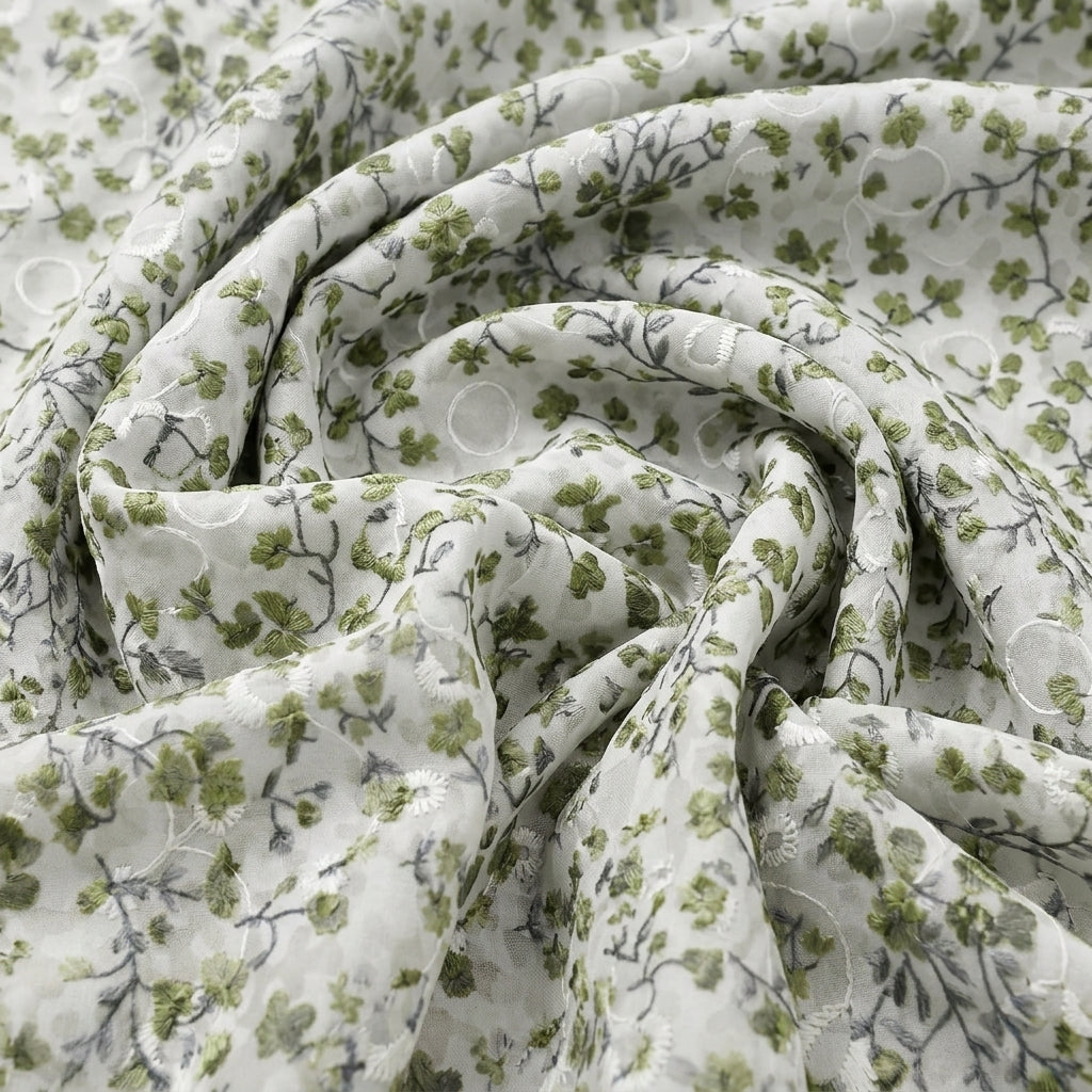 Swirled Cream Embroidery Cotton Fabric Showing Floral and Drape