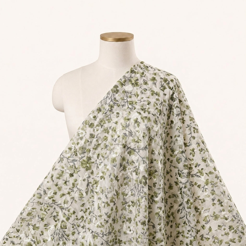 Cream Embroidery Cotton Fabric Draped as a saree
