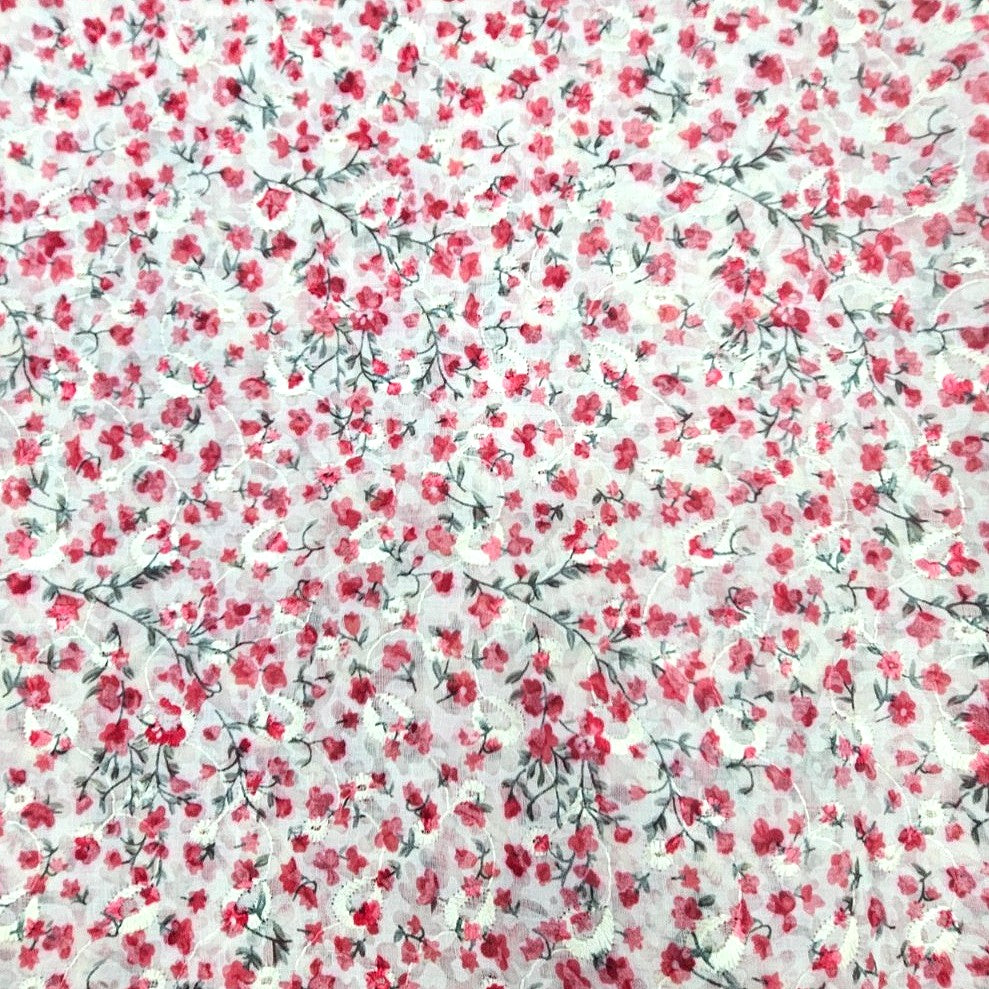 Red Cream Embroidery Cotton Fabric, laid flat