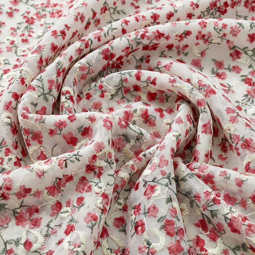 Swirled Cream Embroidery Cotton Fabric Showing Floral and Drape