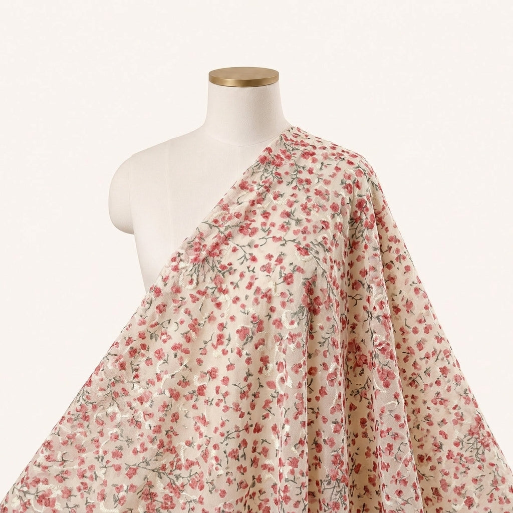 Cream Embroidery Cotton Fabric Draped as a saree