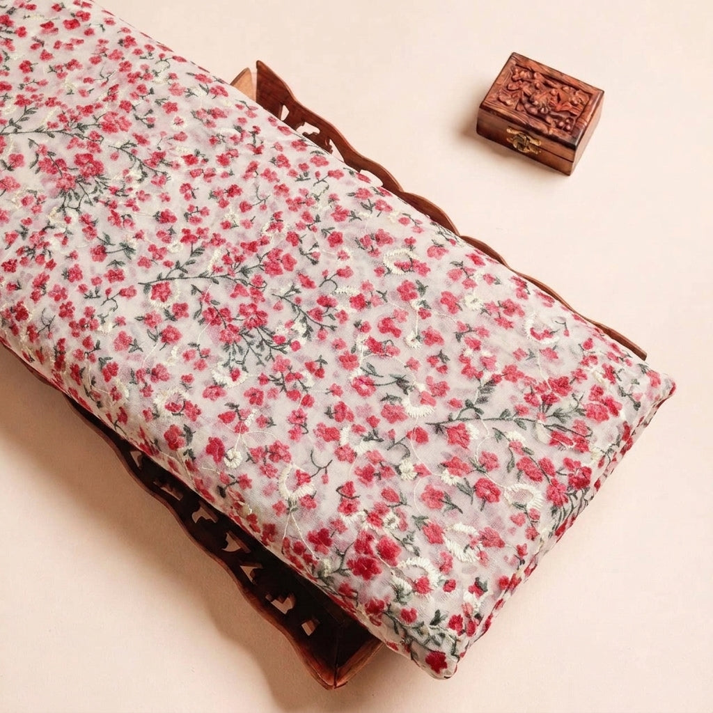 Folded Cream Embroidery Cotton Fabric Highlighting Floral and Texture