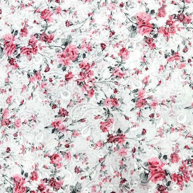 Red Cream Embroidery Cotton Fabric, laid flat