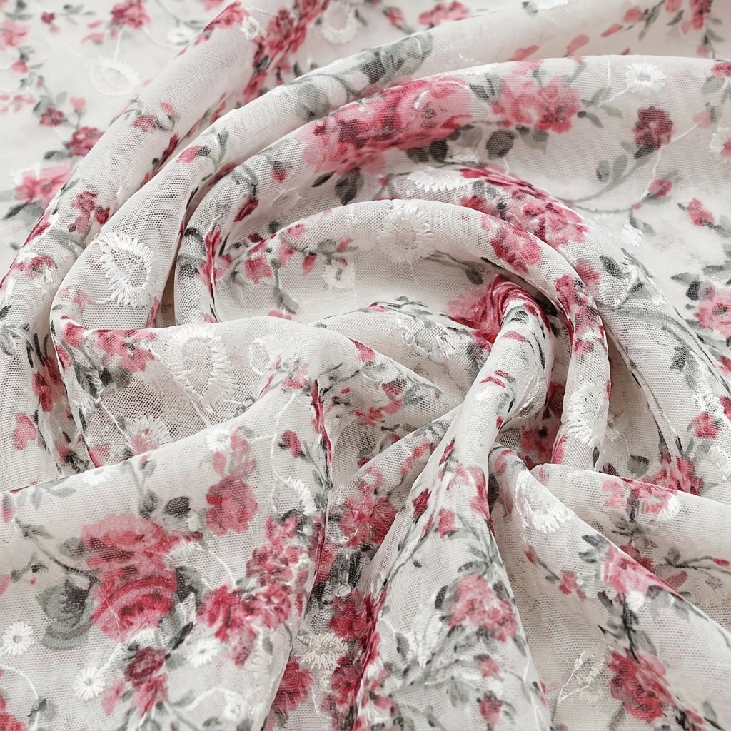 Swirled Cream Embroidery Cotton Fabric Showing Floral and Drape