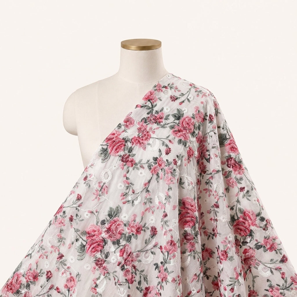 Cream Embroidery Cotton Fabric Draped as a saree