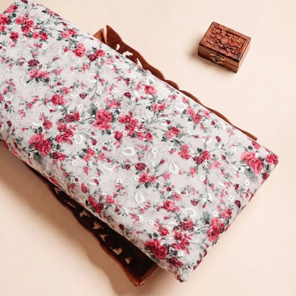 Folded Cream Embroidery Cotton Fabric Highlighting Floral and Texture