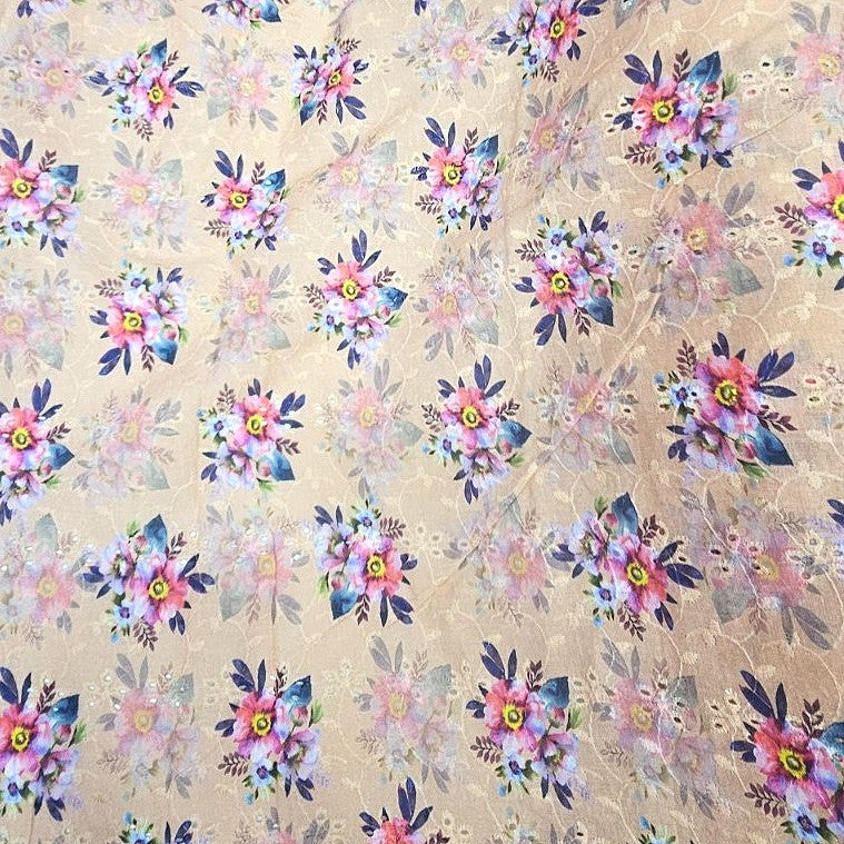 Peach Embroidery Cotton Fabric, laid flat