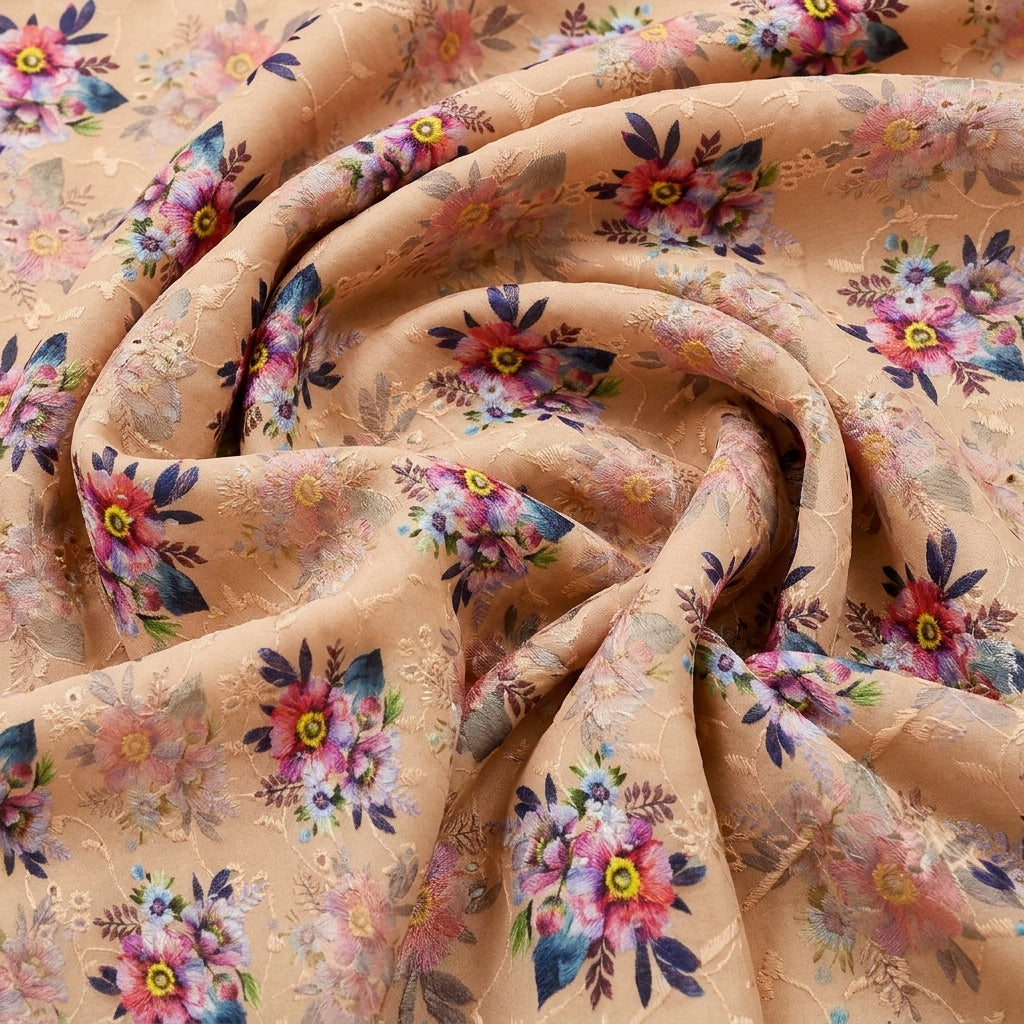 Swirled Peach Embroidery Cotton Fabric Showing Floral and Drape