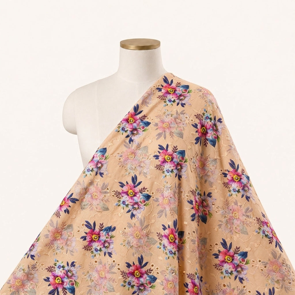 Peach Embroidery Cotton Fabric Draped as a saree