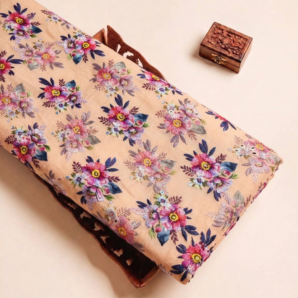 Peach Embroidery Cotton Fabric, folded