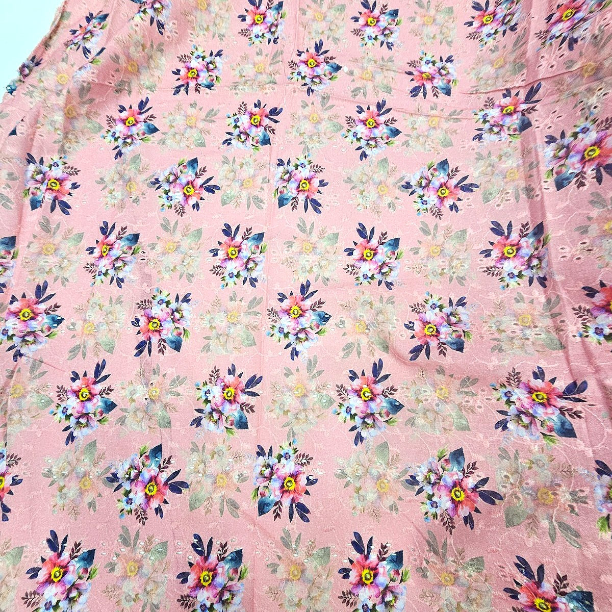 Pink Embroidery Cotton Fabric, laid flat