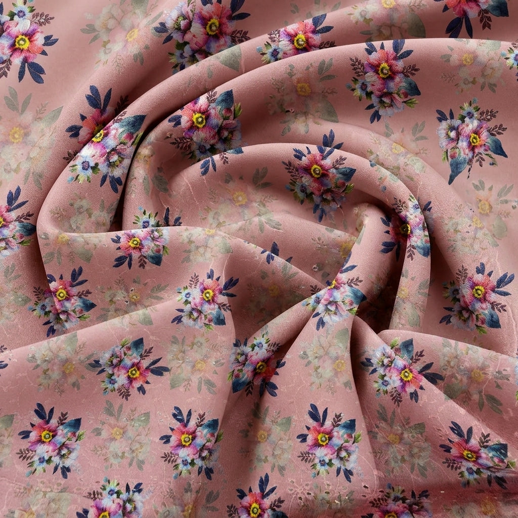 Swirled Pink Embroidery Cotton Fabric Showing Floral and Drape