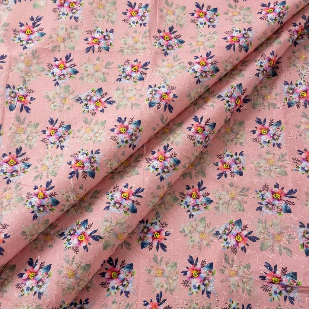 Pink Embroidery Cotton Fabric, folded
