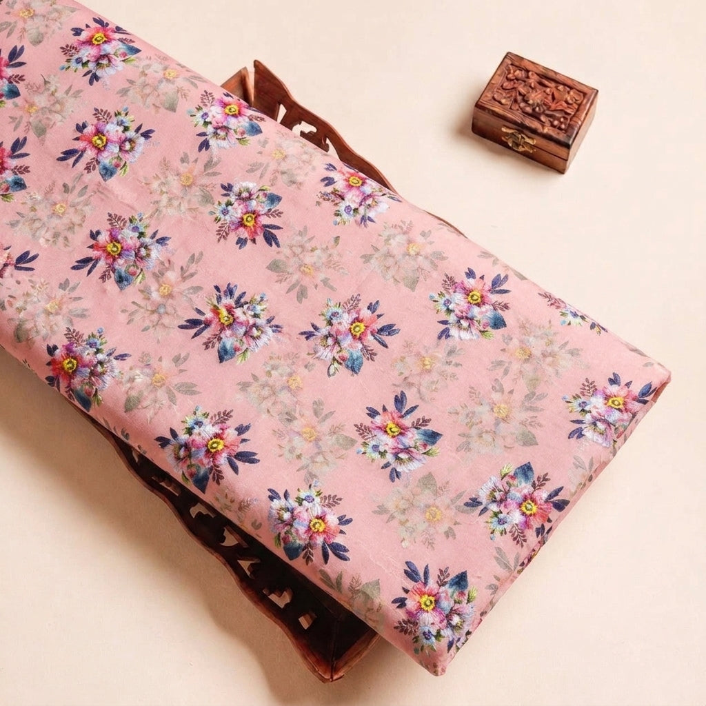 Folded Pink Embroidery Cotton Fabric Highlighting Floral and Texture