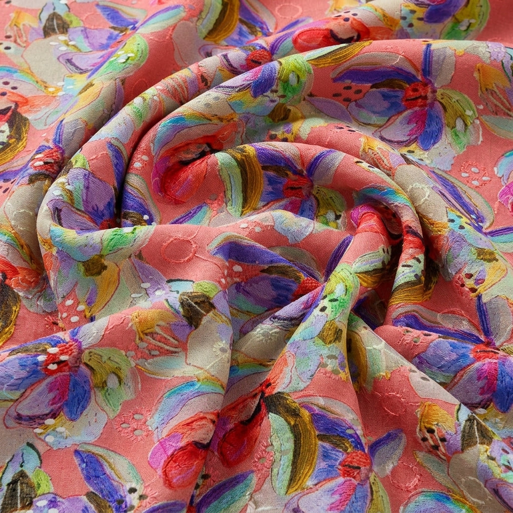 Swirled Multicolor Embroidery Cotton Fabric Showing Drape