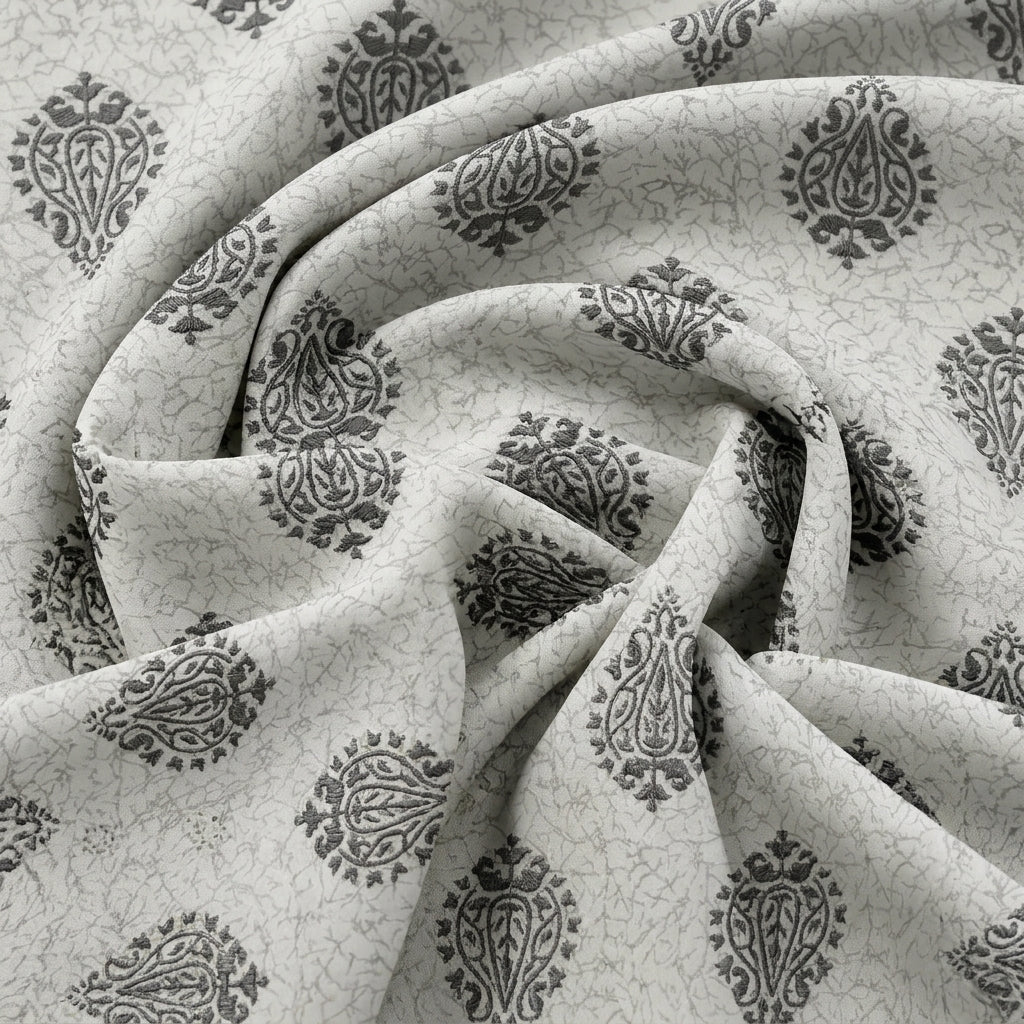 Swirled Grey Embroidery Cotton Fabric Showing Drape