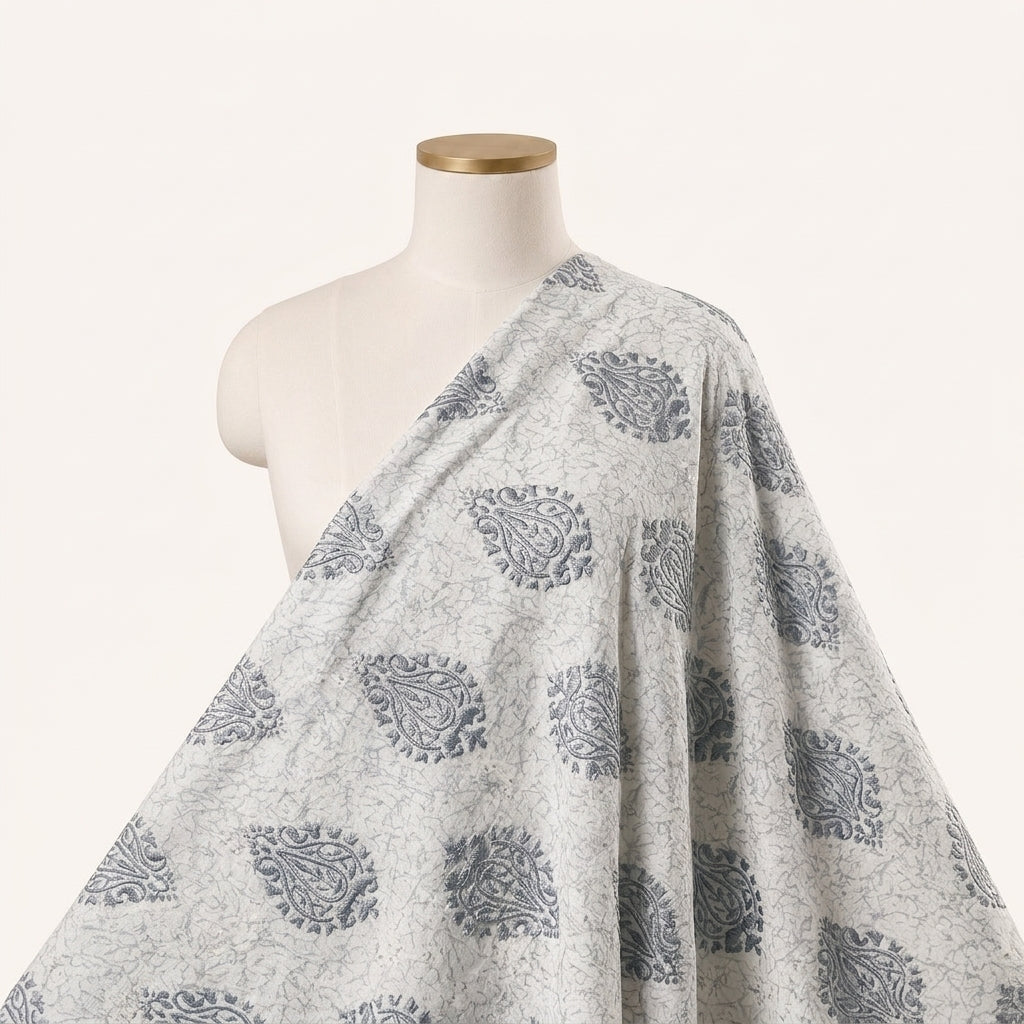 Blue Cream Embroidery Embroidery Fabric, draped as a saree