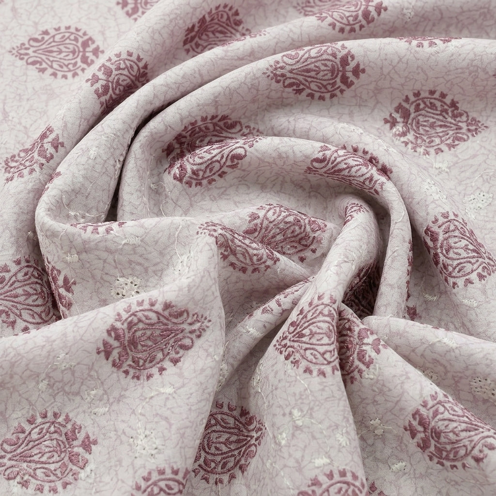 Swirled Cream Embroidery Cotton Fabric Showing Drape