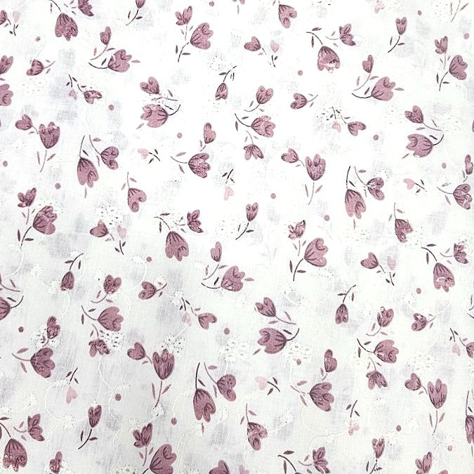 Pink Cream Embroidery Cotton Fabric, laid flat