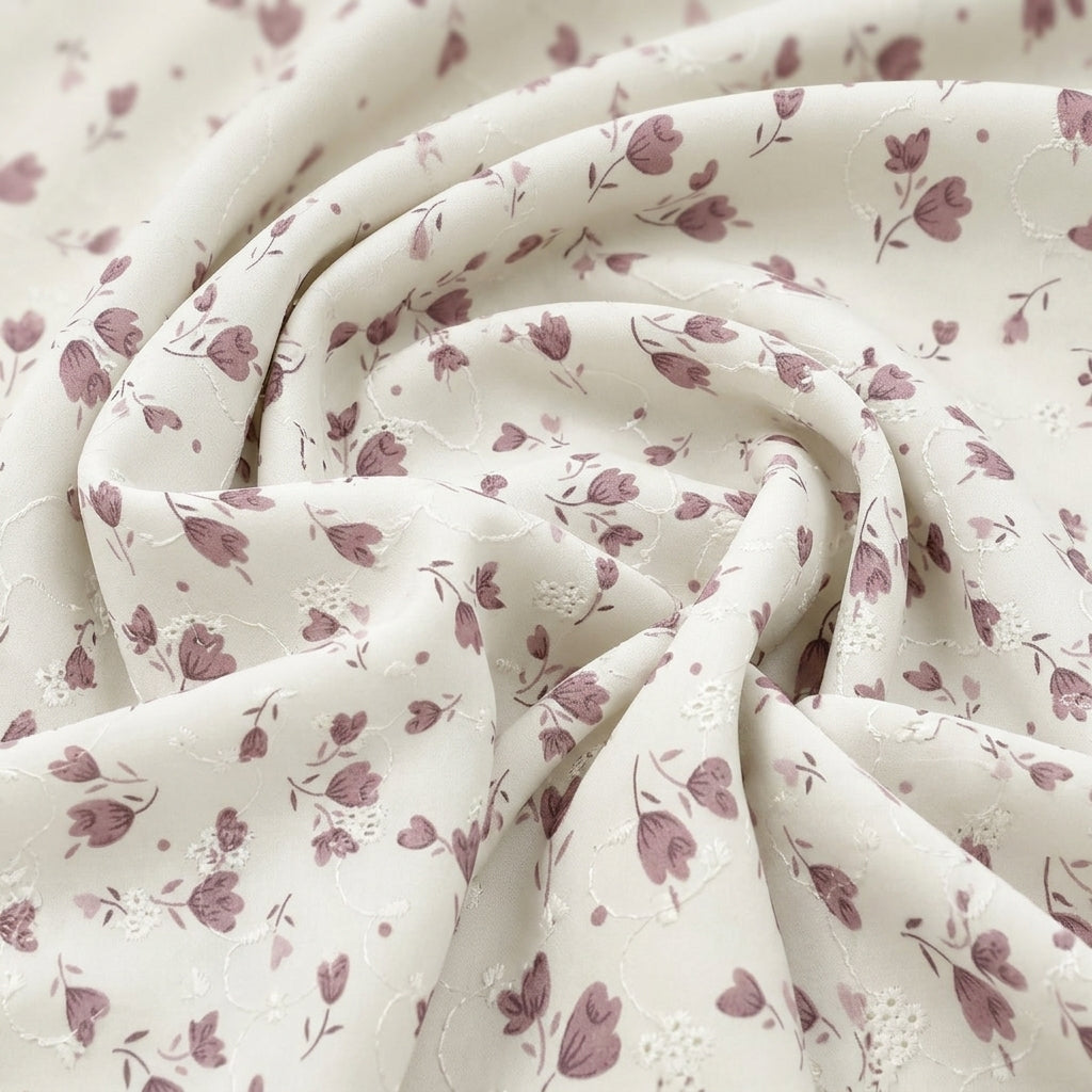 Swirled White Embroidery Cotton Fabric Showing Floral and Drape